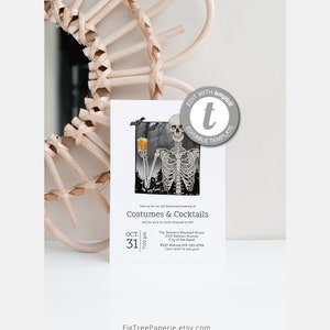 May include: A Halloween-themed invitation with a skeleton holding a cocktail. The invitation includes the text "Costumes & Cocktails" and event details. The date is October 31st. The design is black and white with a touch of orange.
