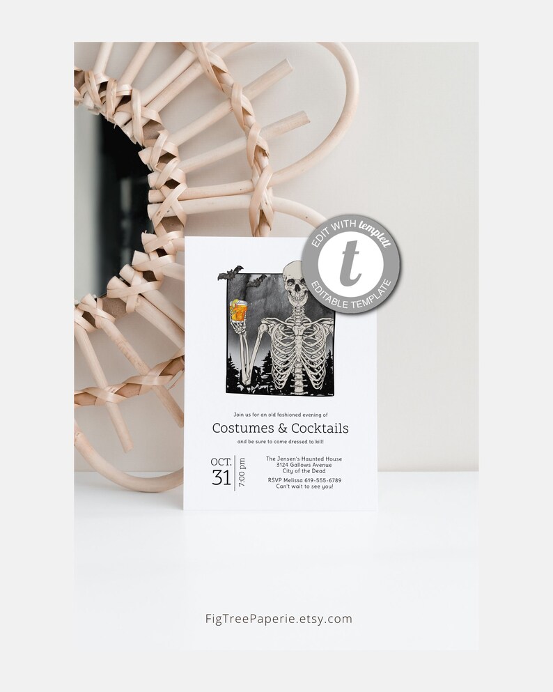 May include: A Halloween-themed invitation with a skeleton holding a cocktail. The invitation includes the text "Costumes & Cocktails" and event details. The date is October 31st. The design is black and white with a touch of orange.