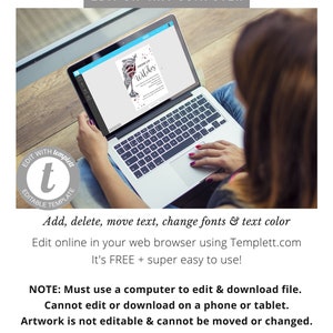 May include: A laptop computer displaying a digital invitation for a "Drinks Up Witches" party. The invitation features a glass of wine with a skeleton hand holding the glass. The text on the screen reads "Drinks Up Witches". The image is accompanied by text that reads "Edit online in your web browser using Templett.com. It's FREE + super easy to use!"