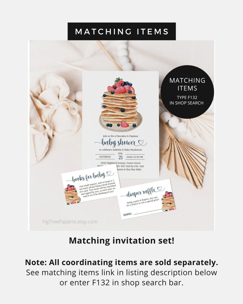 May include: A set of printable baby shower invitations featuring a pancake and blueberry theme. The invitation shows a stack of pancakes topped with blueberries and strawberries. The text on the invitation reads "Join us for a Pancakes & Pajamas Baby Shower to celebrate Gabriela & Baby Henderson". The invitation also includes the date, time, and location of the shower. The set also includes a "Books for Baby" card and a "Diaper Raffle" card.