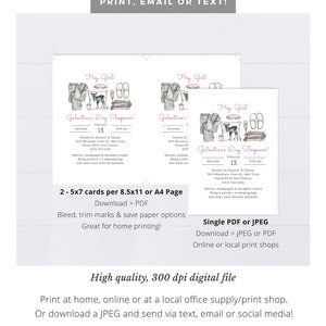 May include: Two printable 5x7 inch cards for a Galentine's Day sleepover party. The cards feature a pink and white watercolor illustration of pajamas, slippers, a sleep mask, and a glass of champagne. The text on the cards reads "Galentine's Day Sleepover!" and includes the date, time, and host information.