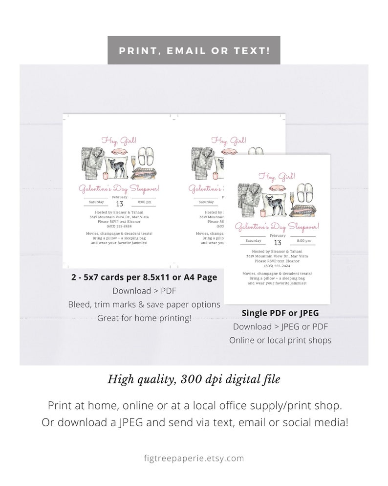 May include: Two printable 5x7 inch cards for a Galentine's Day sleepover party. The cards feature a pink and white watercolor illustration of pajamas, slippers, a sleep mask, and a glass of champagne. The text on the cards reads "Galentine's Day Sleepover!" and includes the date, time, and host information.
