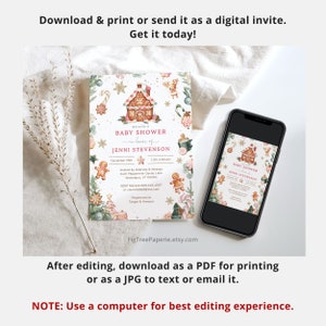 Christmas Baby Shower Invitation, December Baby Shower Invitation, Gingerbread Baby Shower Invite, Editable Printable Digital, F158 image 3