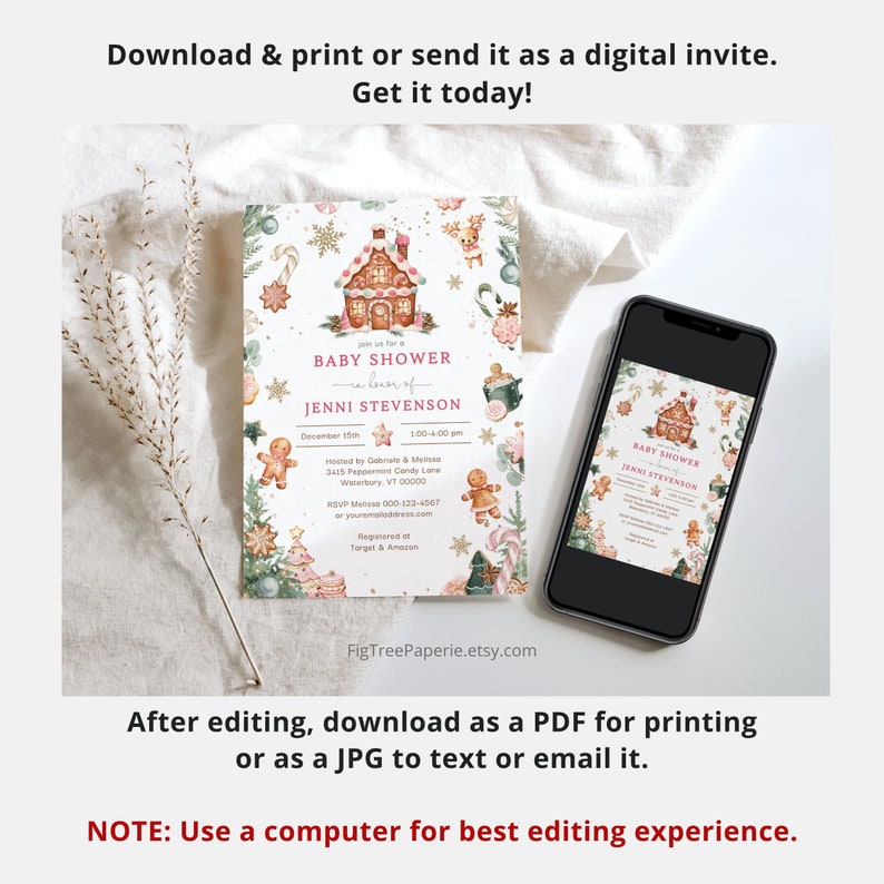 Christmas Baby Shower Invitation, December Baby Shower Invitation, Gingerbread Baby Shower Invite, Editable Printable Digital, F158 image 3