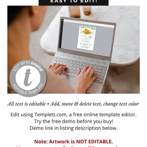 Op de afbeelding: Een laptopcomputer waarop een afdrukbare uitnodigingstemplate wordt weergegeven met een schattige oranje illustratie en de tekst "artie". De tekst "EASY TO EDIT!" wordt boven de laptop weergegeven. De tekst "EDIT WITH templett EDITABLE TEMPLATE" wordt onder de laptop weergegeven. De tekst "All text is editable. Add, move & delete text, change text color. Edit using Templett.com, a free online template editor. Try the free demo before you buy! Demo link in listing description below. Note: Artwork is NOT EDITABLE. Use any computer for best editing experience. FigTreePaperie.etsy.com" wordt onder de laptop weergegeven.