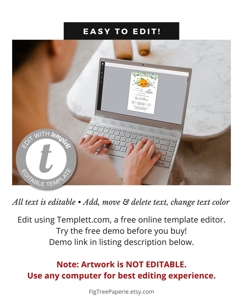 Op de afbeelding: Een laptopcomputer waarop een afdrukbare uitnodigingstemplate wordt weergegeven met een schattige oranje illustratie en de tekst "artie". De tekst "EASY TO EDIT!" wordt boven de laptop weergegeven. De tekst "EDIT WITH templett EDITABLE TEMPLATE" wordt onder de laptop weergegeven. De tekst "All text is editable. Add, move & delete text, change text color. Edit using Templett.com, a free online template editor. Try the free demo before you buy! Demo link in listing description below. Note: Artwork is NOT EDITABLE. Use any computer for best editing experience. FigTreePaperie.etsy.com" wordt onder de laptop weergegeven.