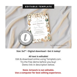 May include: A printable 5x7 inch baby shower invitation template with a winter theme. The invitation features a watercolour illustration of a stocking, a mug, and a gingerbread house. The text on the invitation reads "Join us for a merry little baby sprinkle in honour of Sophie Thompson".