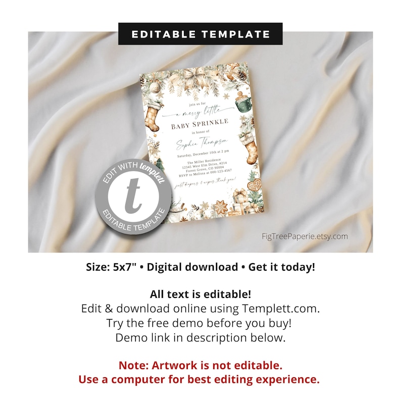 May include: A printable 5x7 inch baby shower invitation template with a winter theme. The invitation features a watercolour illustration of a stocking, a mug, and a gingerbread house. The text on the invitation reads "Join us for a merry little baby sprinkle in honour of Sophie Thompson".