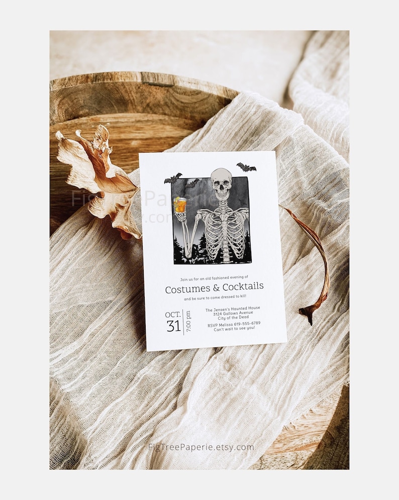 May include: A Halloween-themed invitation card featuring a skeleton holding a cocktail, with bats and a spooky forest backdrop. The card reads "Costumes & Cocktails" and includes event details. The card is white with black and gray illustrations.