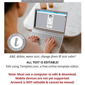 May include: A laptop computer displaying a template editor with a printable design for a raffle ticket. The text on the screen reads "EDIT ON ANY COMPUTER" and "ALL TEXT IS EDITABLE!" The text below the image reads "Edit using Templett.com, a free online template editor. Note: Must use a computer to edit & download. Mobile devices are not yet supported. Artwork is NOT editable & cannot be moved. FigTreePaperie.etsy.com"