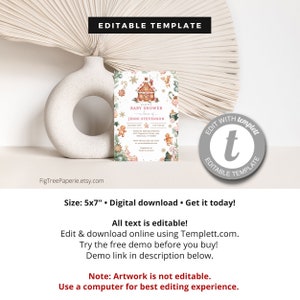 Christmas Baby Shower Invitation, December Baby Shower Invitation, Gingerbread Baby Shower Invite, Editable Printable Digital, F158 image 2