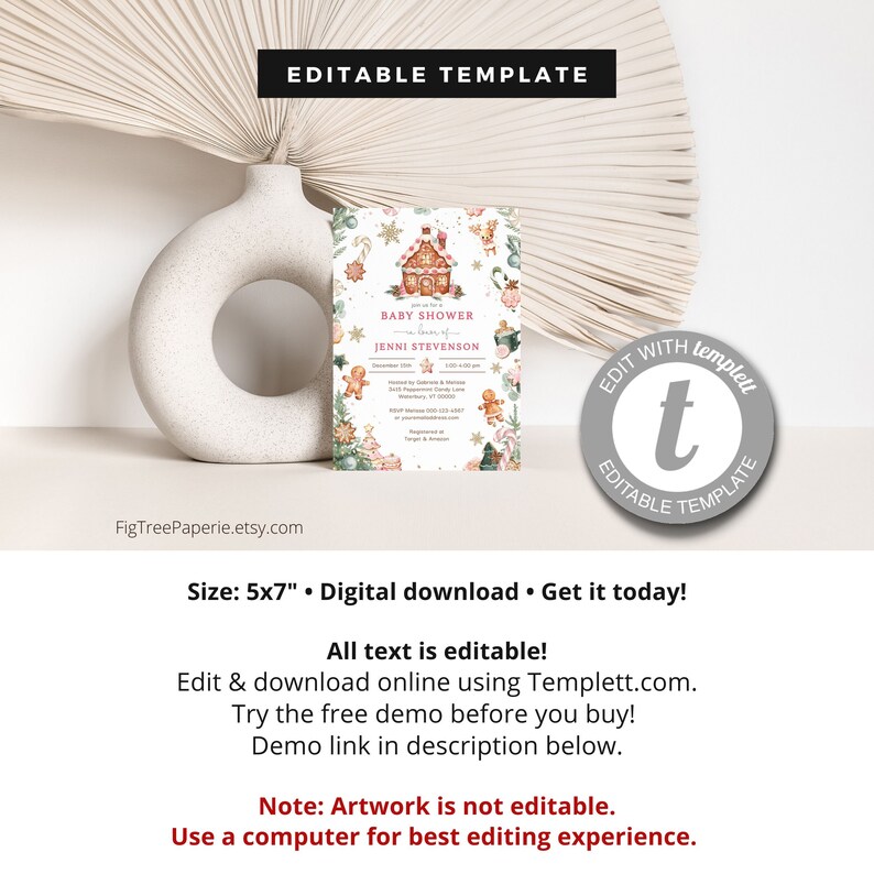 Christmas Baby Shower Invitation, December Baby Shower Invitation, Gingerbread Baby Shower Invite, Editable Printable Digital, F158 image 2