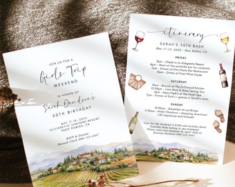 Winery 30th Birthday Weekend Invitation and Itinerary, Girls Trip Weekend Invite Wine Vineyard, 40th Birthday Wine Theme Editable Printable
