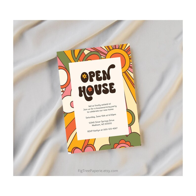 Retro Housewarming Party Invitation, Groovy 70s Housewarming Invite, Editable Printable Digital Housewarming, Hippie 70s Open House Invite image 7