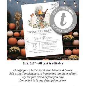 May include: A Halloween-themed baby shower invitation template with the text "Twins are Brewing". The design features watercolor illustrations of ghosts, pumpkins, and a cauldron. The invitation is 5x7 inches and editable.