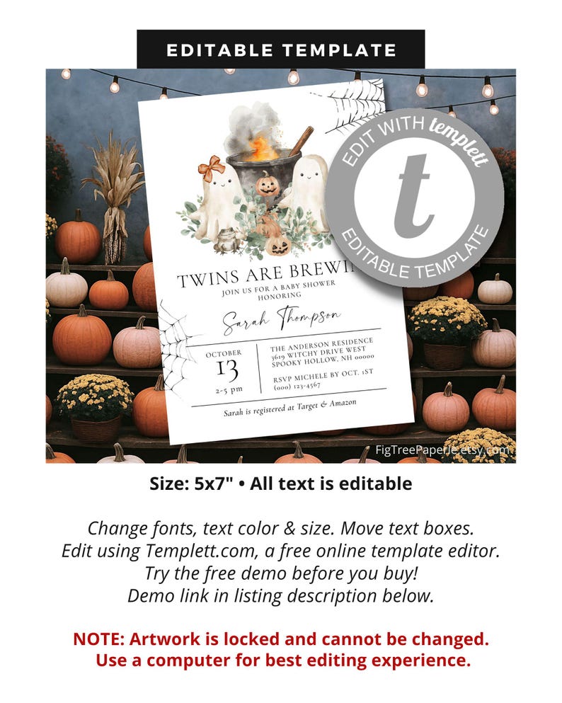 May include: A Halloween-themed baby shower invitation template with the text "Twins are Brewing". The design features watercolor illustrations of ghosts, pumpkins, and a cauldron. The invitation is 5x7 inches and editable.