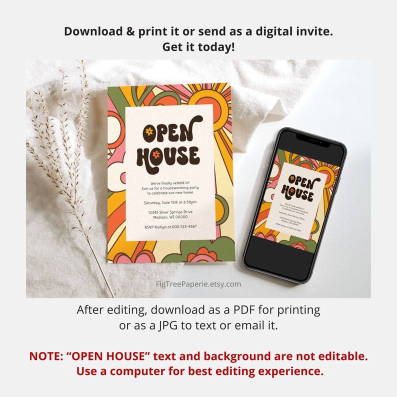 Retro Housewarming Party Invitation, Groovy 70s Housewarming Invite, Editable Printable Digital Housewarming, Hippie 70s Open House Invite image 3