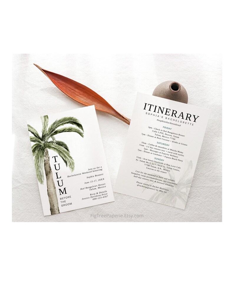 Tulum Before the Groom Bachelorette Weekend Invitation and itinerary featuring a large palm tree watercolor illustration. These editable templates features a minimalist, boho vibe. Do-it-yourself, digital download.