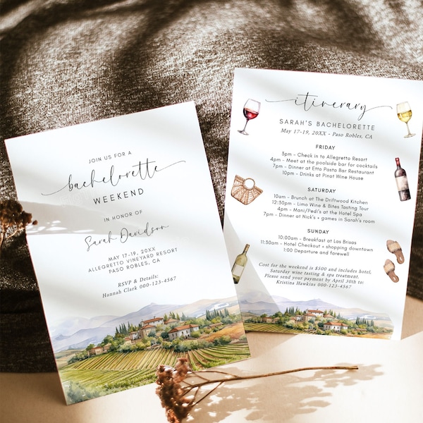 Winery Bachelorette Invitation, Napa Bachelorette Weekend Invite Itinerary, Vineyard Bachelorette Template, Vino Before Vows Digital