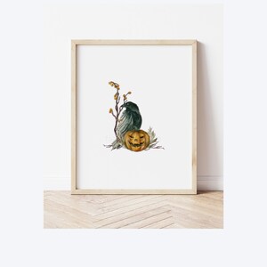 May include: A watercolor illustration of a black raven perched on a branch with a carved jack-o'-lantern pumpkin. The background is white.