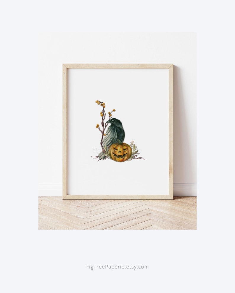 May include: A watercolor illustration of a black raven perched on a branch with a carved jack-o'-lantern pumpkin. The background is white.