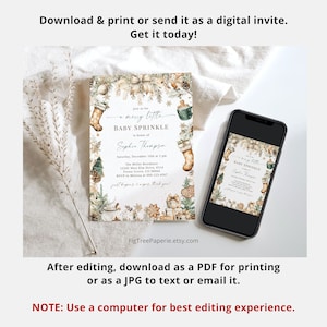 May include: A digital printable baby shower invitation with a winter theme. The invitation features a watercolour illustration of a stocking, presents, and gingerbread cookies. The text on the invitation reads "a merry little baby sprinkle in honour of Sophia Thompson".