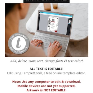 May include: A laptop computer screen displays a digital template for a Halloween party invitation. The invitation features a skeleton with the text "Pick Your Poison". The text on the screen says "Edit using Templett.com, a free online template editor."