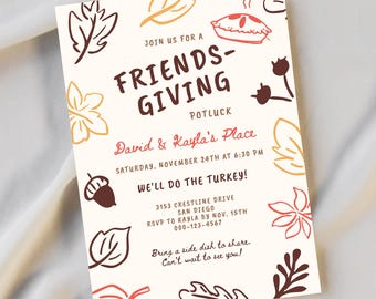 Friendsgiving Invitation Hand Drawn Doodle Style, Friendsgiving Potluck Dinner Invite Editable Digital Printable Invitation