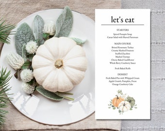 Fall Menu Template, Thanksgiving Menu Card, Friendsgiving Menu, Menu Cards Printable, Printable Menu, White Pumpkin Eucalyptus, Editable