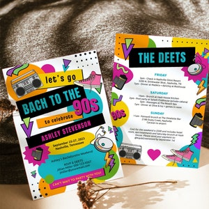 May include: A colorful invitation for a bachelorette party themed "Back to the 90s" with a retro design featuring a boombox, cassette tape, and a pair of sneakers. The invitation includes the name Ashley Stevenson, the dates September 25-27, 2023, and the location Nashville, Tennessee. RSVP information is included with a contact name and email address.