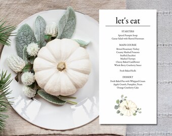 Menu Card Template, Thanksgiving Menu Card Template, Friendsgiving Menu, Menu Cards Printable, Printable Menu, White Pumpkin Eucalyptus
