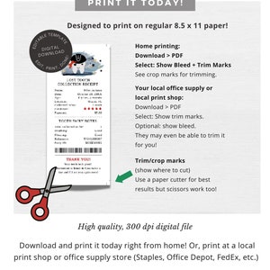 May include: Printable digital file for a lost tooth collection receipt. The receipt is designed to look like a tooth fairy note. The image shows a printable template with a tooth fairy note, a pair of scissors, and instructions for printing and trimming the file. The text on the image reads "Print it today!" and "Designed to print on regular 8.5 x 11 paper!"