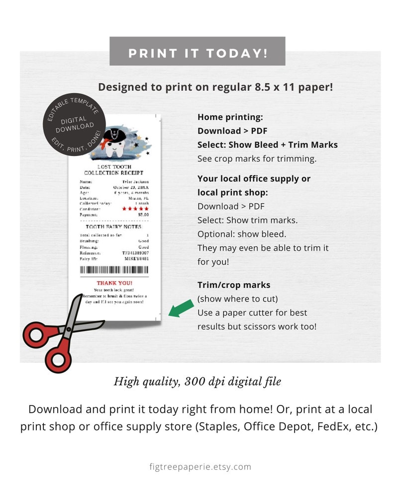 May include: Printable digital file for a lost tooth collection receipt. The receipt is designed to look like a tooth fairy note. The image shows a printable template with a tooth fairy note, a pair of scissors, and instructions for printing and trimming the file. The text on the image reads "Print it today!" and "Designed to print on regular 8.5 x 11 paper!"