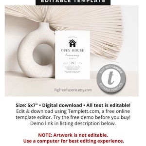 May include: Editable template for a 5x7 inch open house housewarming party invitation. The template features a black and white house icon with a heart inside. The text is editable using Templett.com, a free online template editor.