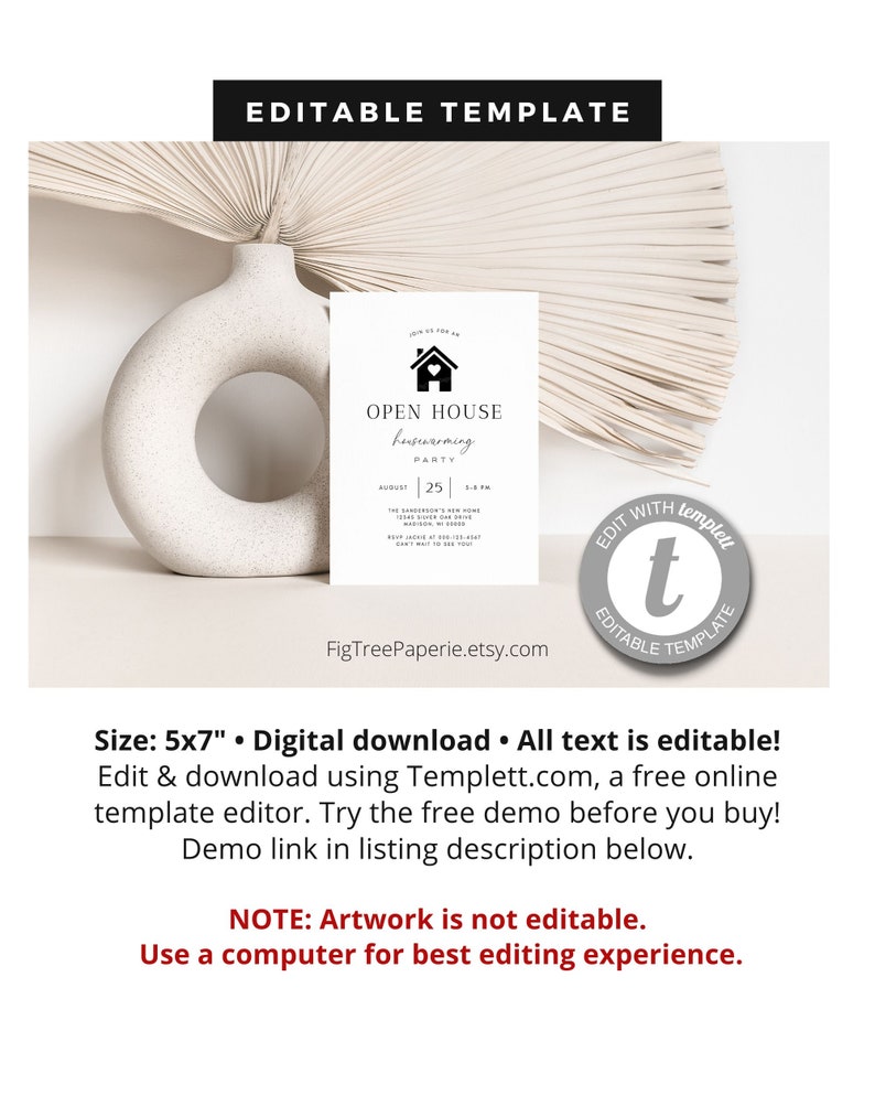 May include: Editable template for a 5x7 inch open house housewarming party invitation. The template features a black and white house icon with a heart inside. The text is editable using Templett.com, a free online template editor.