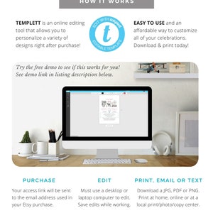 May include: A computer screen shows a printable invitation template for a baby shower. The template features a cute illustration of a baby girl with a crown and the text "My Girl". The text "How It Works" is displayed above the computer screen, along with instructions on how to purchase, edit, and print the template.