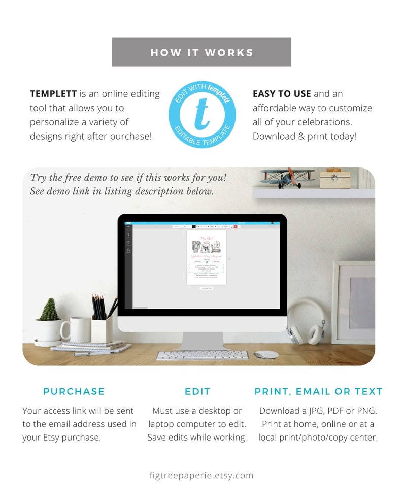 May include: A computer screen shows a printable invitation template for a baby shower. The template features a cute illustration of a baby girl with a crown and the text "My Girl". The text "How It Works" is displayed above the computer screen, along with instructions on how to purchase, edit, and print the template.