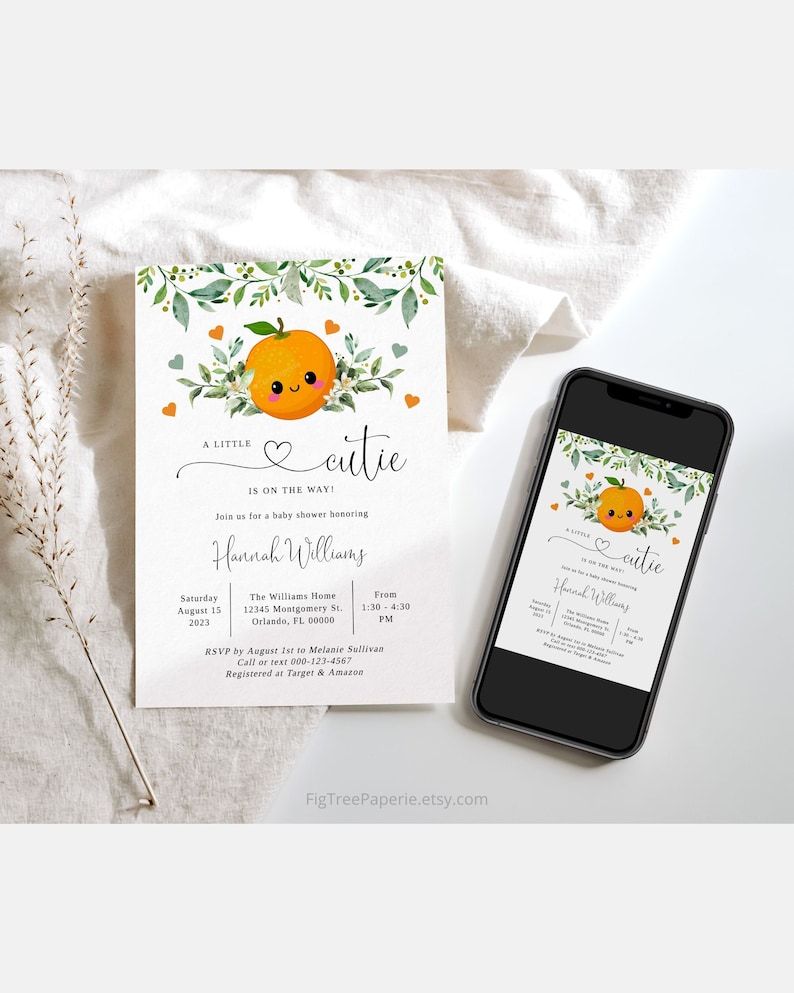 Little Cutie baby shower invitation features a cute orange, greenery and orange blossoms, perfect for a fun, casual celebration! This is a digital download, printable and fully editable template so you can print or text it as an evite!