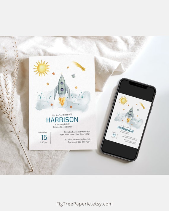Outer Space Birthday Invitation for a Boy, Astronaut Blast Off Birthday Invite, Rocket Ship Birthday Invite, Digital Download, F133