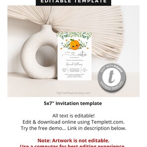 Op de afbeelding: Bewerkbare uitnodigingstemplate van 5x7 inch met een schattige cartoon-sinaasappel met een hartje en de tekst "A little cutie is on the way". De template is versierd met groene bladeren en hartjes. De tekst "Edit with Templett" is ook zichtbaar.