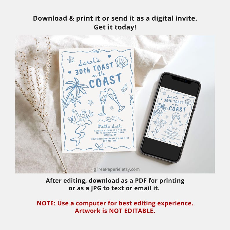 Op de afbeelding: Bewerkbare digitale uitnodiging voor een 30e verjaardagsfeest met een strandthema. De uitnodiging toont een zeemeermin, schelpen en de tekst "Sarah's 30th Toast on the Coast".