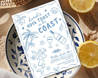 40th Birthday Invitation Toast on the Coast Italian Party Invite Blue & Lemon Theme | Editable Digital Download | F174