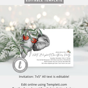 Pu&ograve; includere: Modello di invito modificabile per una festa di Natale con l'elefante bianco. L'invito presenta un'illustrazione di due elefanti in stile cartone animato che indossano occhiali da sole e un ramo di agrifoglio festivo. Il testo include la data, l'ora, il luogo della festa, le informazioni RSVP e un limite di regalo di 25 $. L'invito misura 7x5 pollici.