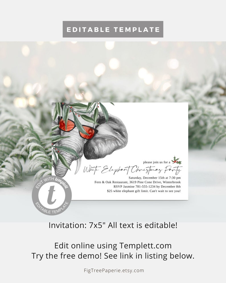 Pu&ograve; includere: Modello di invito modificabile per una festa di Natale con l'elefante bianco. L'invito presenta un'illustrazione di due elefanti in stile cartone animato che indossano occhiali da sole e un ramo di agrifoglio festivo. Il testo include la data, l'ora, il luogo della festa, le informazioni RSVP e un limite di regalo di 25 $. L'invito misura 7x5 pollici.