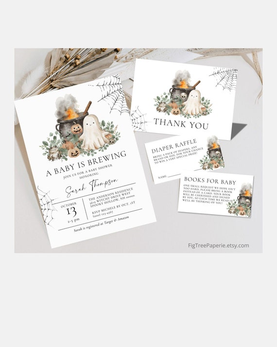 Halloween Baby Shower Invitation Bundle, A Baby is Brewing Baby Shower Invite Set, October Baby Shower Digital Invitation, F169