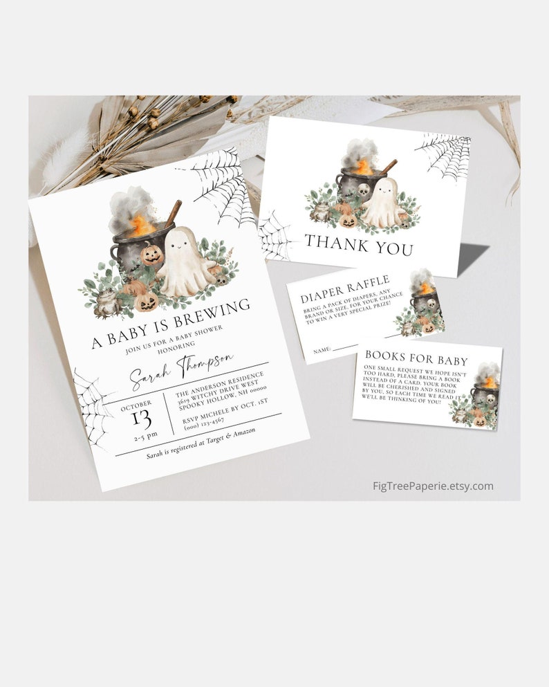 Halloween baby shower invitation bundle, books for baby diaper raffle