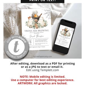 May include: A Halloween-themed baby shower invitation with the text "Twins are Brewing." The design features watercolor illustrations of ghosts, pumpkins, and a cauldron. The invitation is shown on a white background and a smartphone.