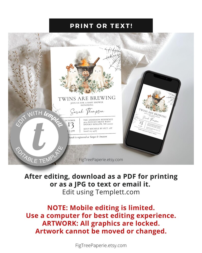 May include: A Halloween-themed baby shower invitation with the text "Twins are Brewing." The design features watercolor illustrations of ghosts, pumpkins, and a cauldron. The invitation is shown on a white background and a smartphone.