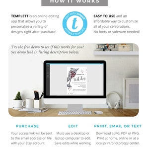 May include: A computer screen displaying a printable invitation for a "Drink Up Witches" party. The invitation features a hand holding a glass of wine with a bloody design. The text "How It Works" is displayed above the computer screen, along with instructions for purchasing, editing, and printing the invitation.