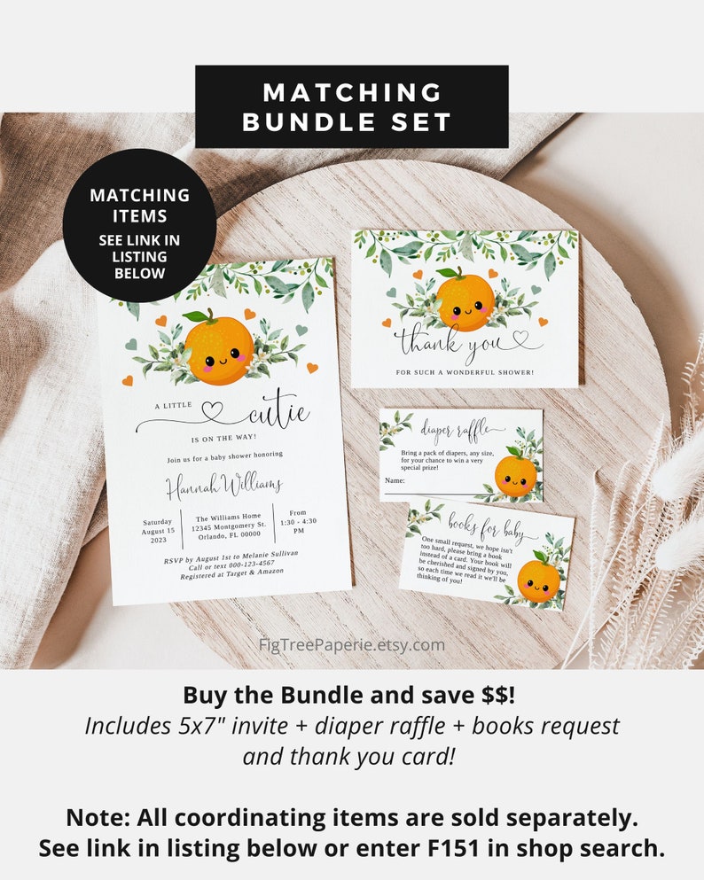 Kleine Cutie baby shower uitnodiging, oranje groen baby shower uitnodiging, genderneutrale baby shower, Citrus baby shower, afdrukbaar, F151 afbeelding 3